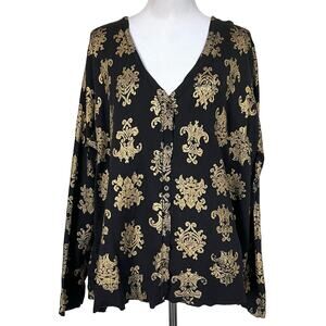 Peter Nygard Cardigan Sweater Black Gold Ornate Print V-Neck Cotton Blend XL
